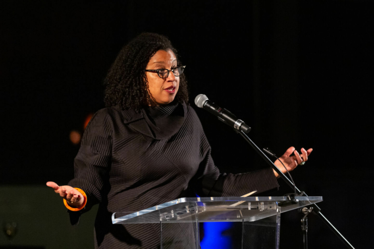 Writer Robin Coste Lewis reads her original poem at the Beside the Edge of the World exhibition opening, 2019.